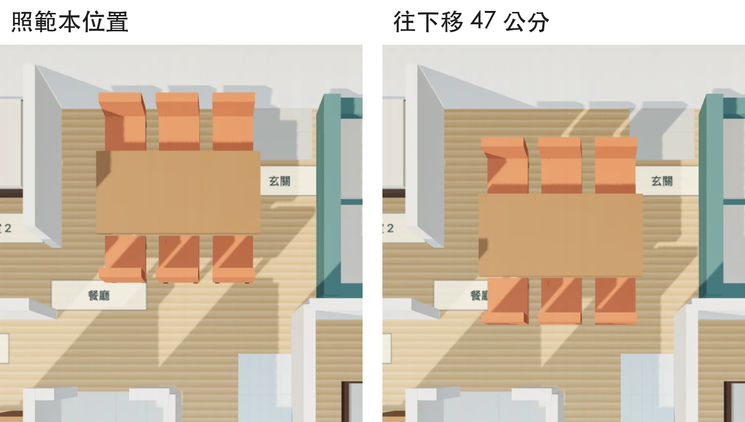 3D layout tool in top view: the 20-ping 3-bedroom dining area with a 6-seat table and six chairs, template position on the left and moved down 47 cm on the right