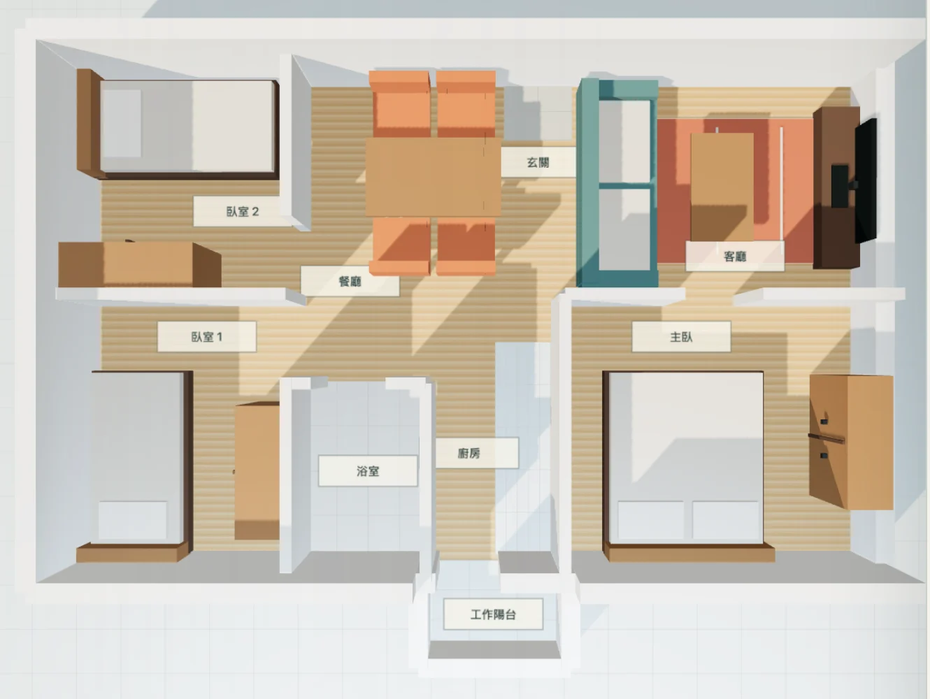 Top view in the 3D layout tool: the 20-ping 3-bedroom template, with a single bed and cabinet in each of the two small bedrooms on the left, the living room top right and the main bedroom bottom right
