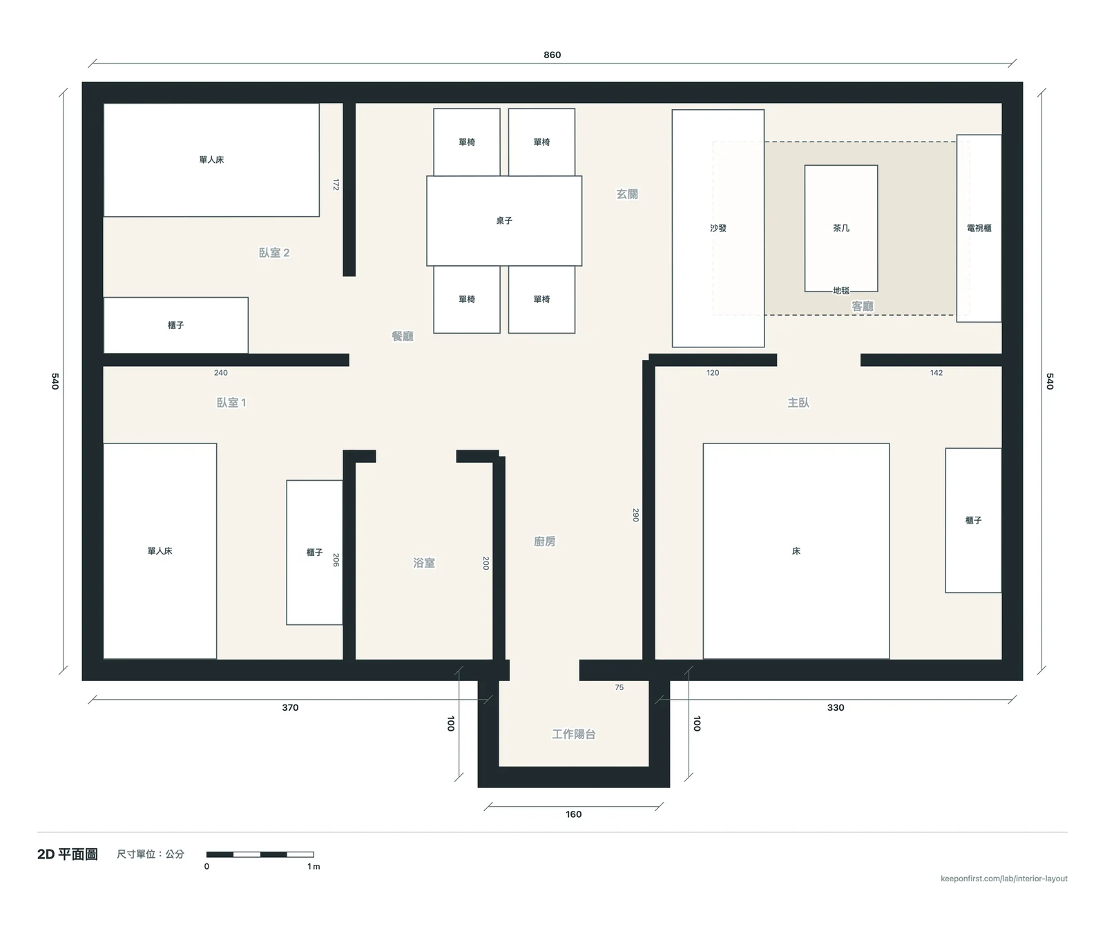 A dimensioned 2D plan exported by the tool: 20-ping, 3 bedrooms, outer walls 860 × 540 cm, with furniture outlines