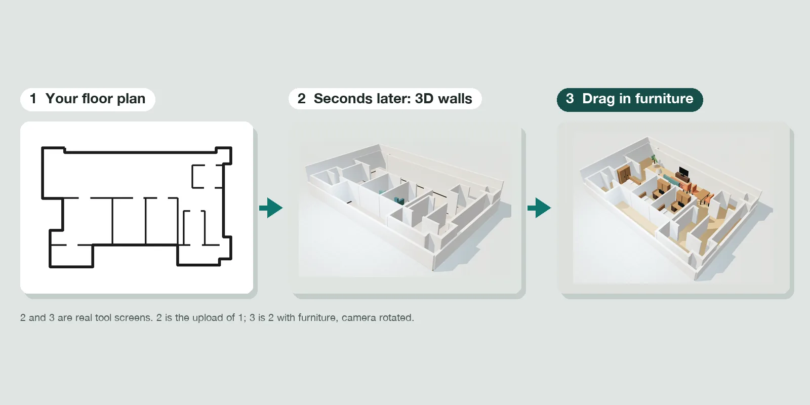 A floor plan on the left and the 3D layout the tool actually produced on the right