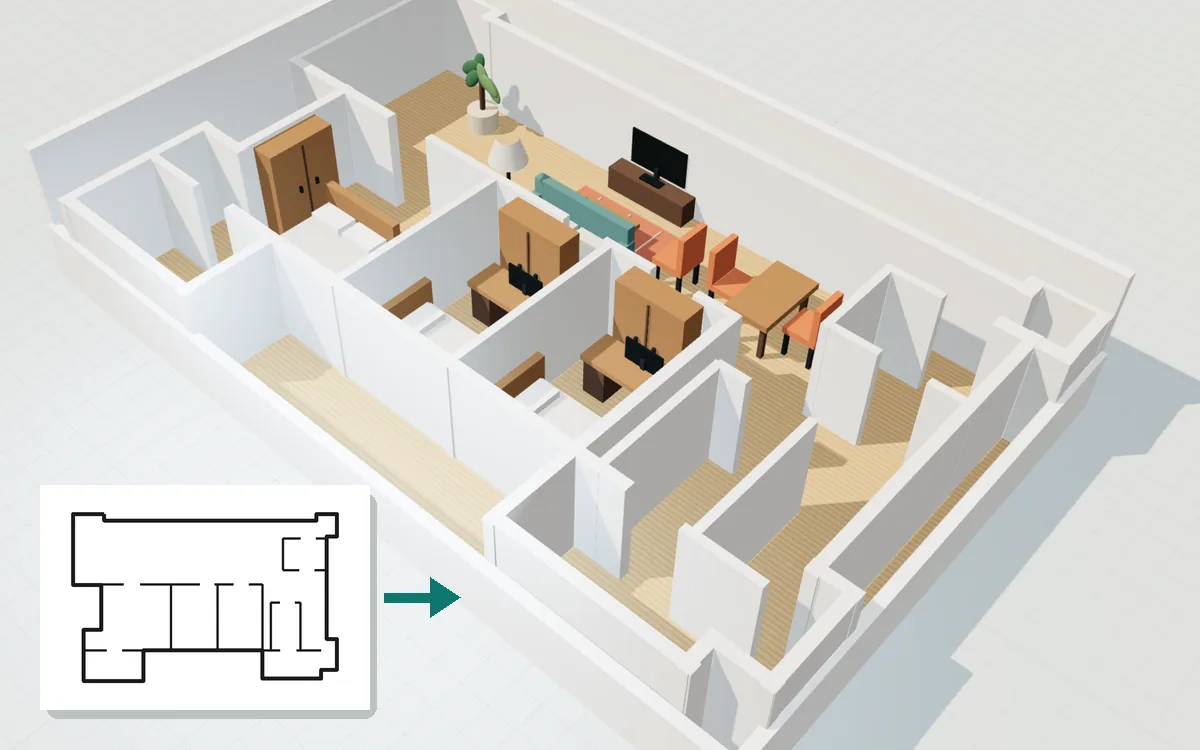 A floor plan turned into a furnished 3D layout