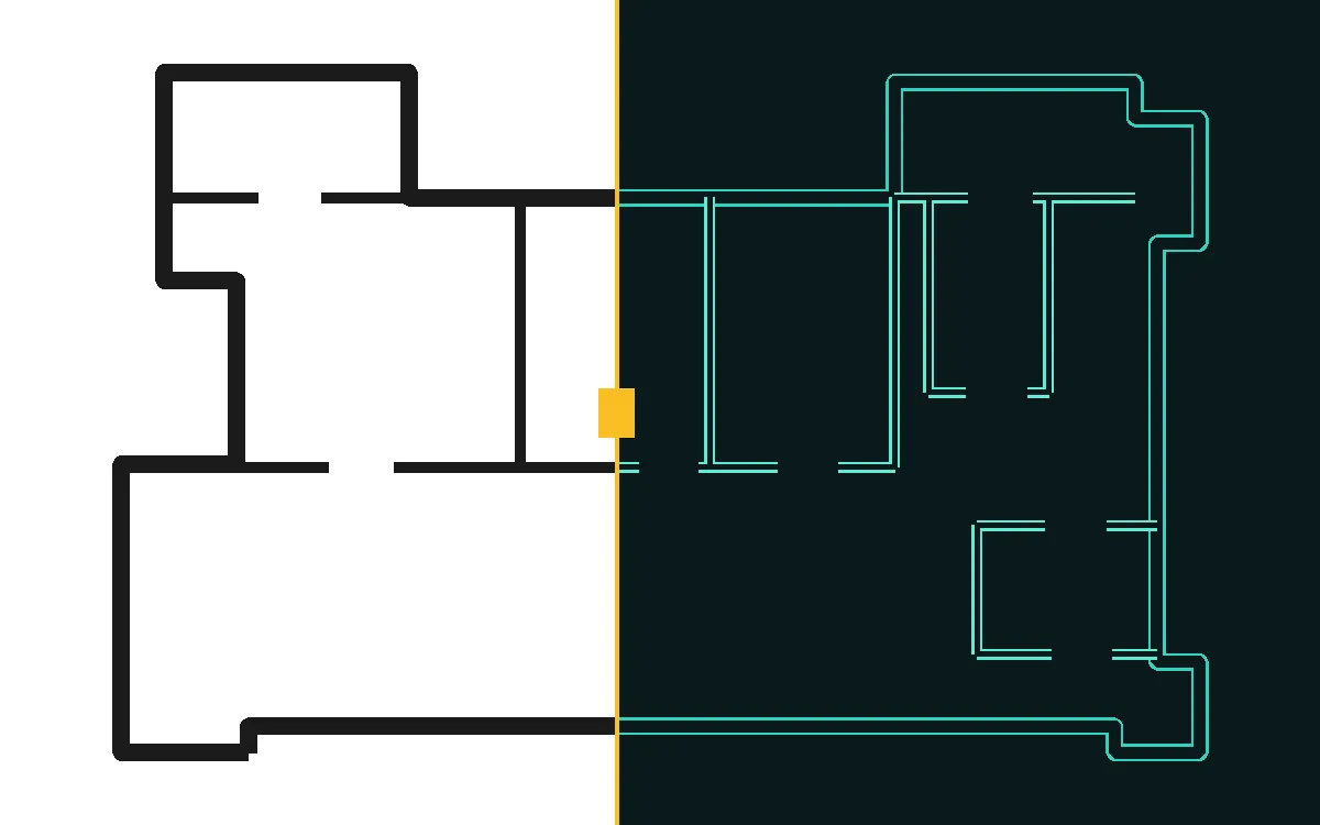 Raster floor plan on the left, DXF double-line walls on the right